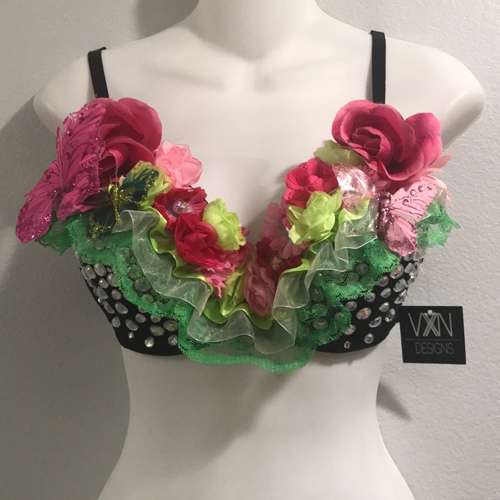 Floral Embellished Bra - Black and Pink